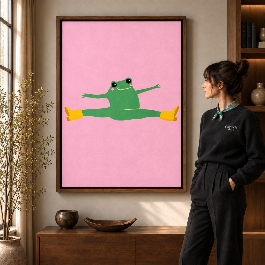 Playful splits frog canvas wall art displayed in a warm contemporary living room