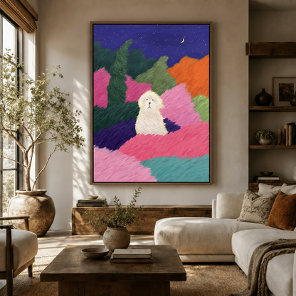White fluffy dog starry night impasto canvas art in dark walnut frame above console in warm living room