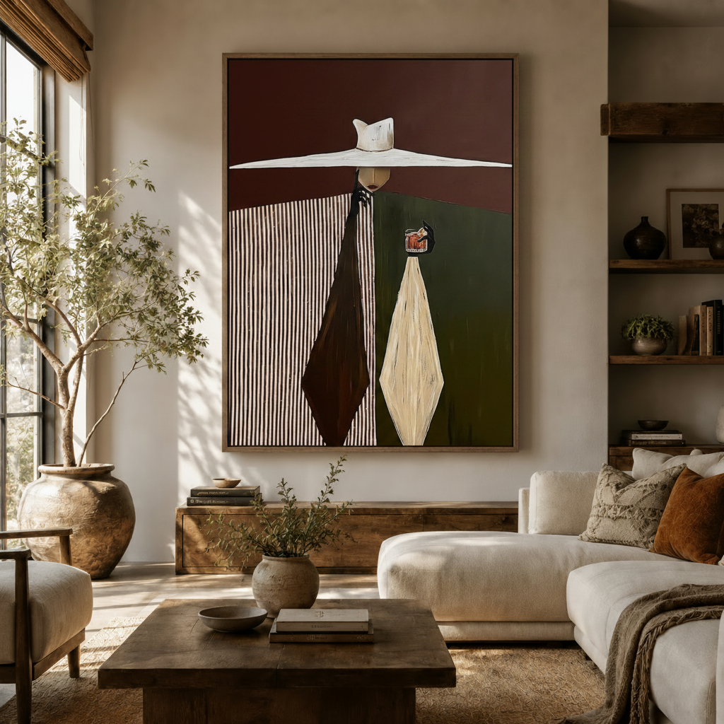 Bold geometric figurative art print hanging in cozy living room above linen sofa