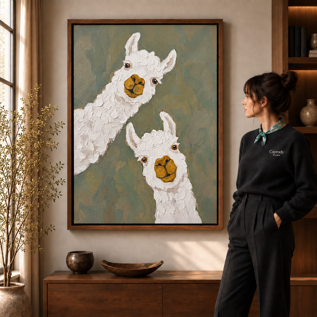 Whimsical alpaca canvas wall art displayed in a warm room with a tall window, wood console, and standing woman.