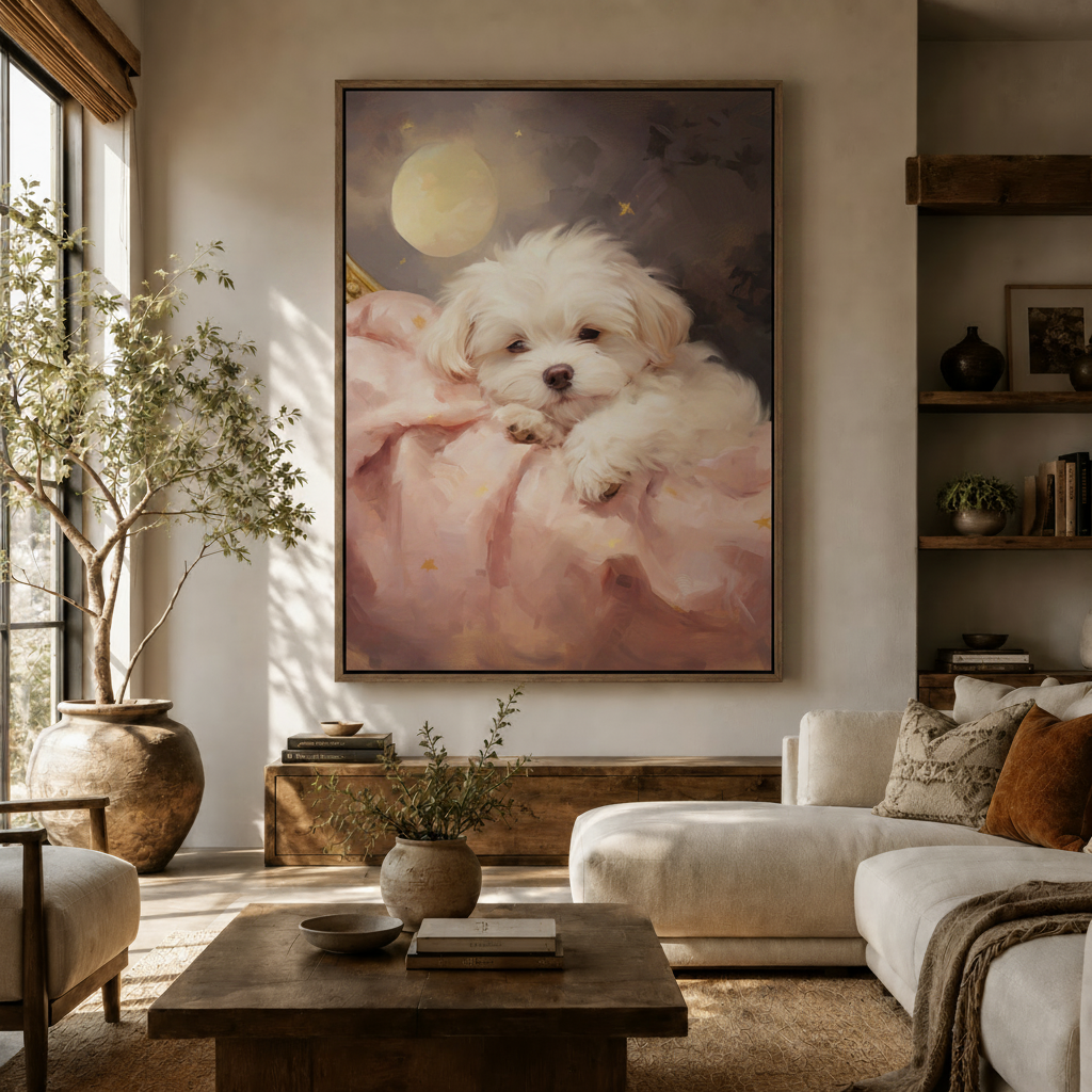 Maltese puppy moonlit night classical canvas wall art displayed in warm modern living room
