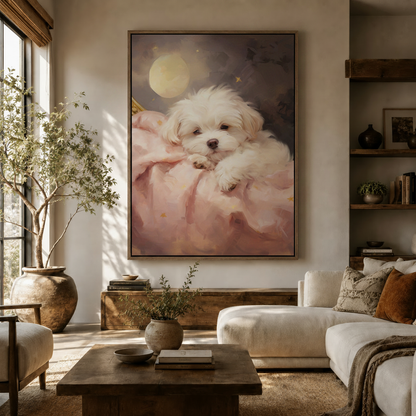 Maltese puppy moonlit night classical canvas wall art displayed in warm modern living room