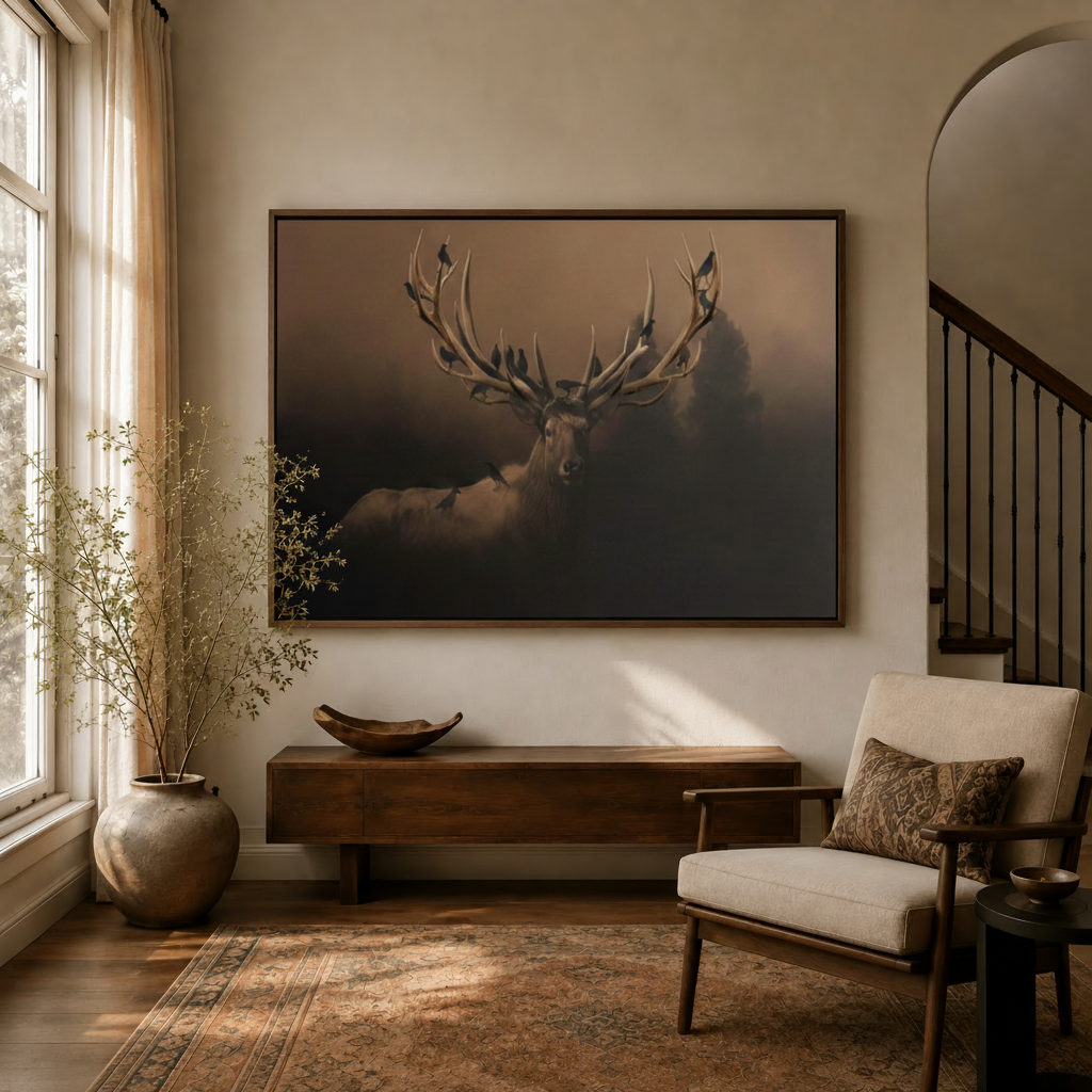 Dark stag canvas wall art displayed in a warm neutral entryway above a wooden console table