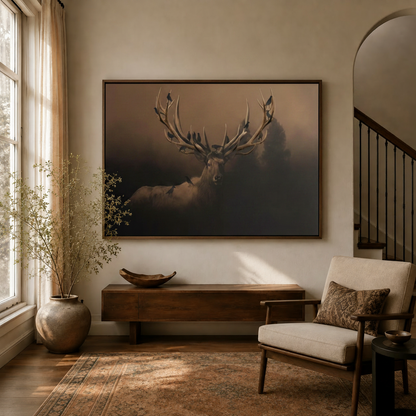 Dark stag canvas wall art displayed in a warm neutral entryway above a wooden console table