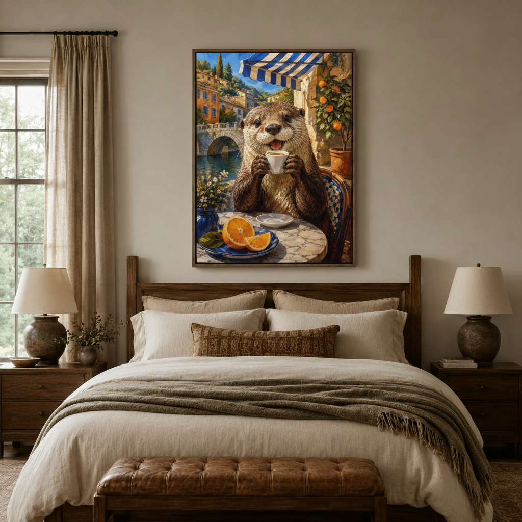 Whimsical otter cafe canvas wall art displayed above cozy bedroom headboard