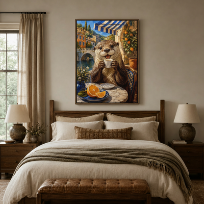 Whimsical otter cafe canvas wall art displayed above cozy bedroom headboard