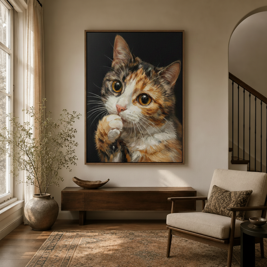 Calico cat portrait canvas wall art displayed in a warm entryway, amber eyes and raised paws framed in dark walnut