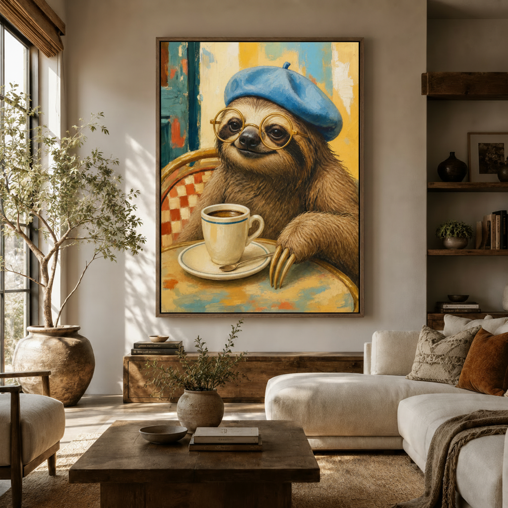 Colorful café sloth oil painting canvas displayed above cream sofa in bright boho farmhouse living room