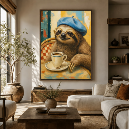 Colorful café sloth oil painting canvas displayed above cream sofa in bright boho farmhouse living room