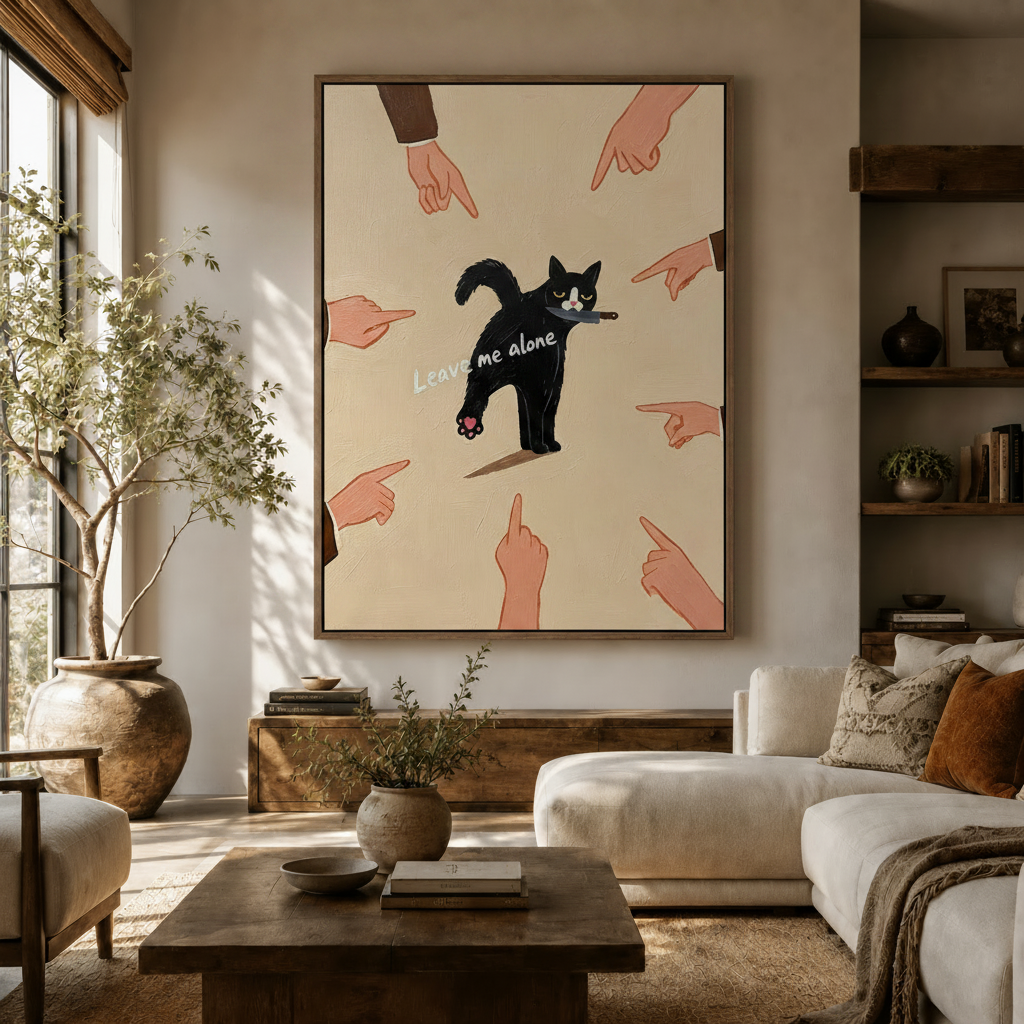 Funny tuxedo cat with knife meme canvas art above a white sofa in a bright boho living room