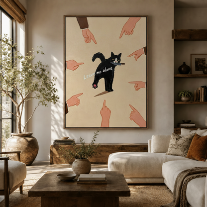 Funny tuxedo cat with knife meme canvas art above a white sofa in a bright boho living room