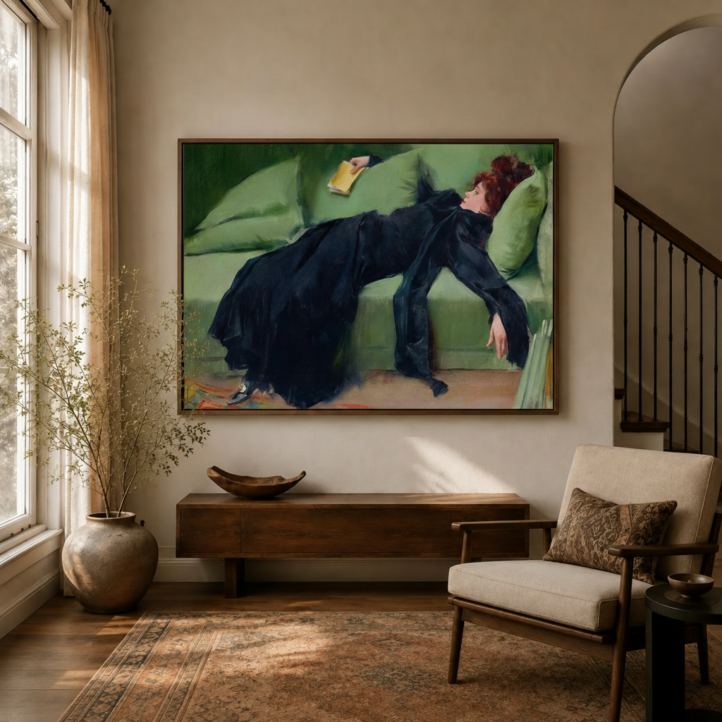Impressionist woman black dress oil painting canvas in float frame displayed in warm living room entryway