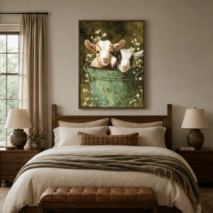 Two baby goats peeking from daisy bucket farmhouse canvas in walnut float frame above cozy bedroom bed