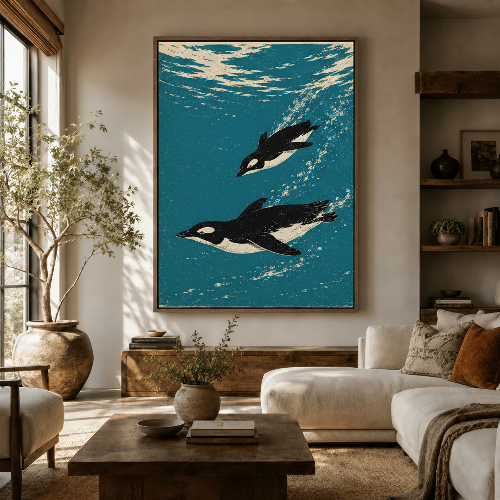 Swimming penguins linocut ocean wall art in walnut float frame displayed above wooden sideboard in warm living room