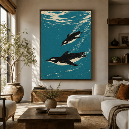 Swimming penguins linocut ocean wall art in walnut float frame displayed above wooden sideboard in warm living room