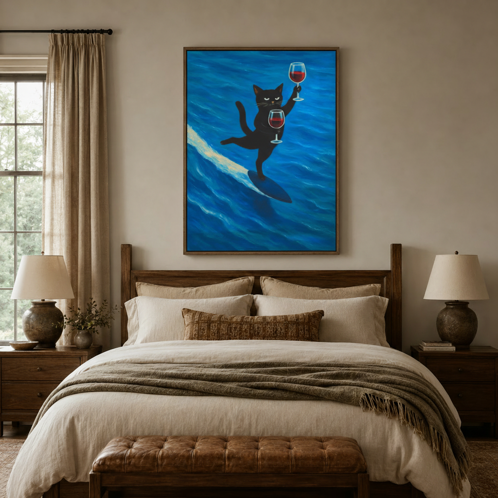 Funny surfing black cat canvas wall art with wine glasses above walnut bed headboard