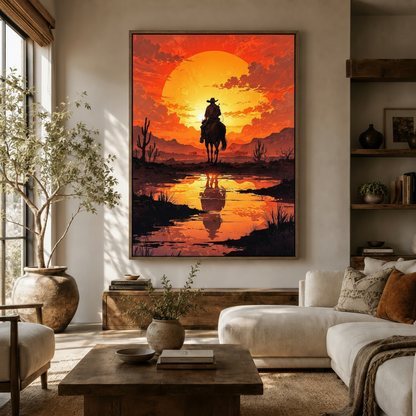 Cowboy sunset graphic art canvas displayed above rustic console in bright modern living room with olive tree