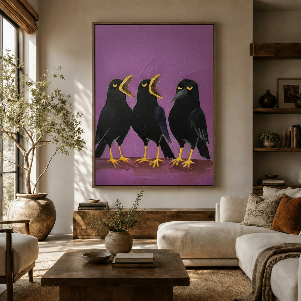 Three crows impasto oil painting canvas print above cream sofa in a warm modern living room