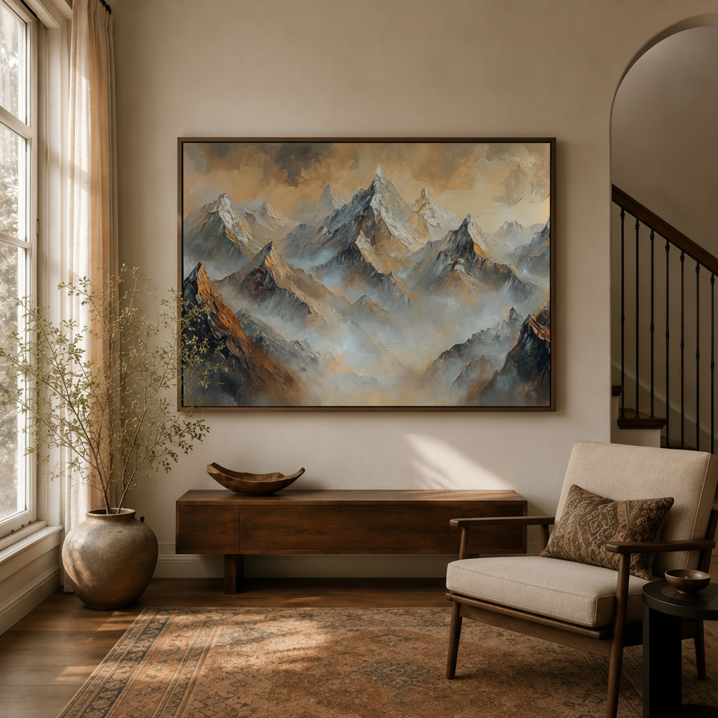 Misty mountain peaks impasto oil painting in dark walnut frame displayed in warm entryway with dried branch vase