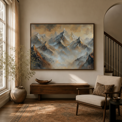 Misty mountain peaks impasto oil painting in dark walnut frame displayed in warm entryway with dried branch vase