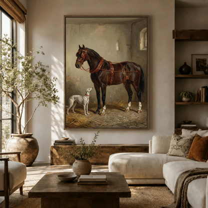 Classical equestrian horse and greyhound oil painting canvas print in warm modern living room