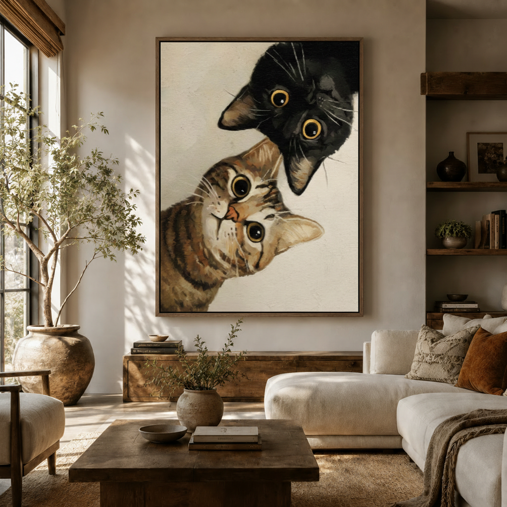 Large funny cat portrait canvas print on living room wall above white sofa with warm boho decor