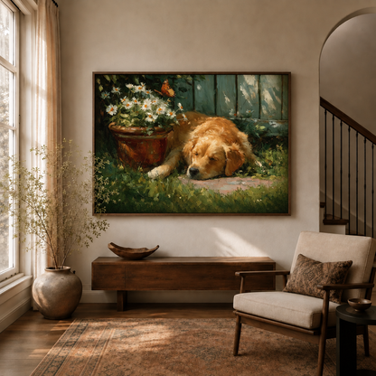 Sleeping golden retriever garden canvas displayed in a warm, sunlit entryway.