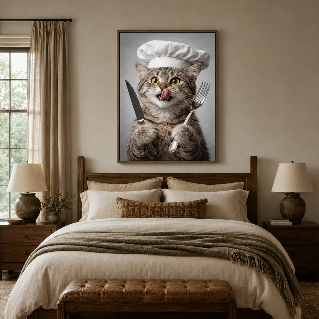 Humorous chef cat canvas wall art hung above wooden bed in cozy warm-toned farmhouse bedroom