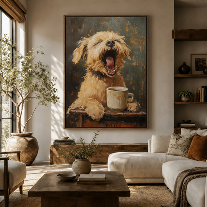 Funny yawning dog impasto canvas wall art displayed above console in warm neutral living room
