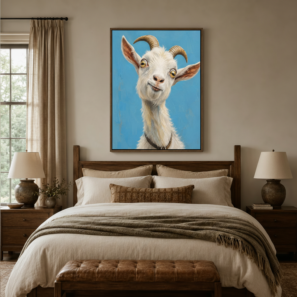 Funny white goat realistic portrait sky blue canvas in dark walnut float frame above cozy neutral bedroom