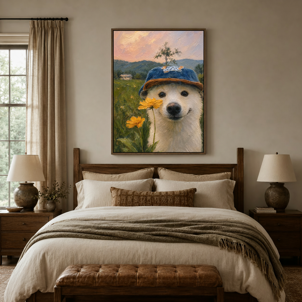Shiba Inu blue hat wildflower impressionist canvas wall art displayed above bed in warm neutral bedroom