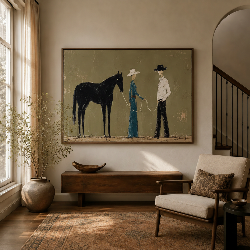 Olive green folk art horse print displayed on a wall in a styled interior
