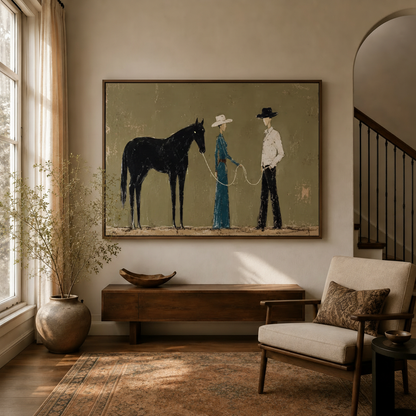 Olive green folk art horse print displayed on a wall in a styled interior