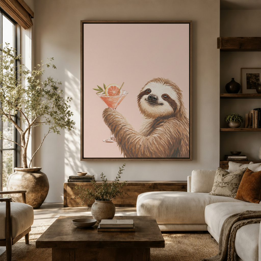 Large blush pink sloth canvas print hanging above sofa in a bright boho living room