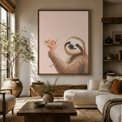 Large blush pink sloth canvas print hanging above sofa in a bright boho living room