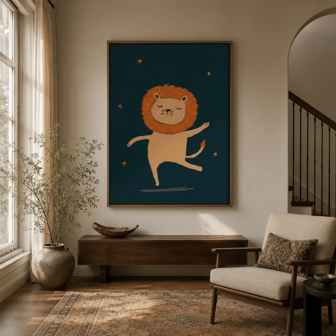 Framed Scandinavian dancing lion canvas print displayed in a warm neutral entryway with walnut console