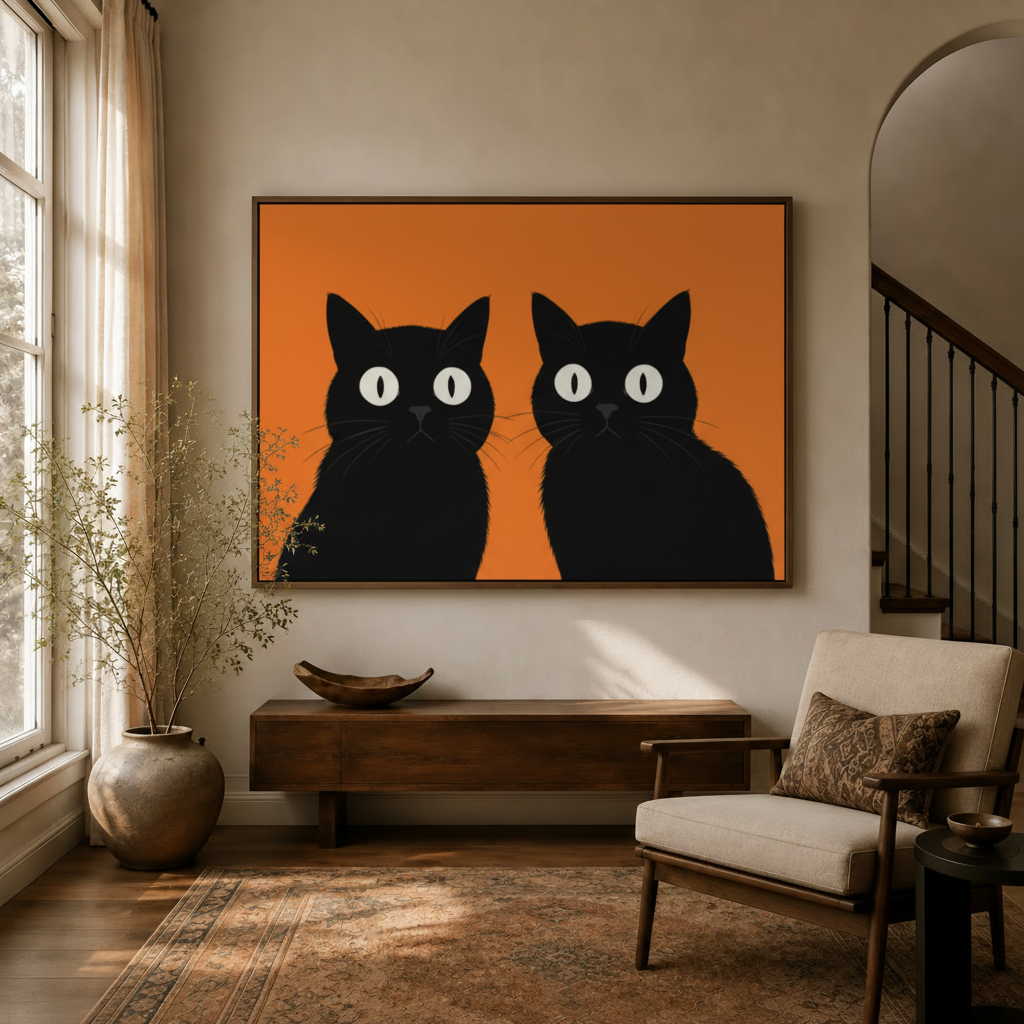 Two black cats minimalist canvas in dark walnut frame displayed in warm entryway with dried branch vase