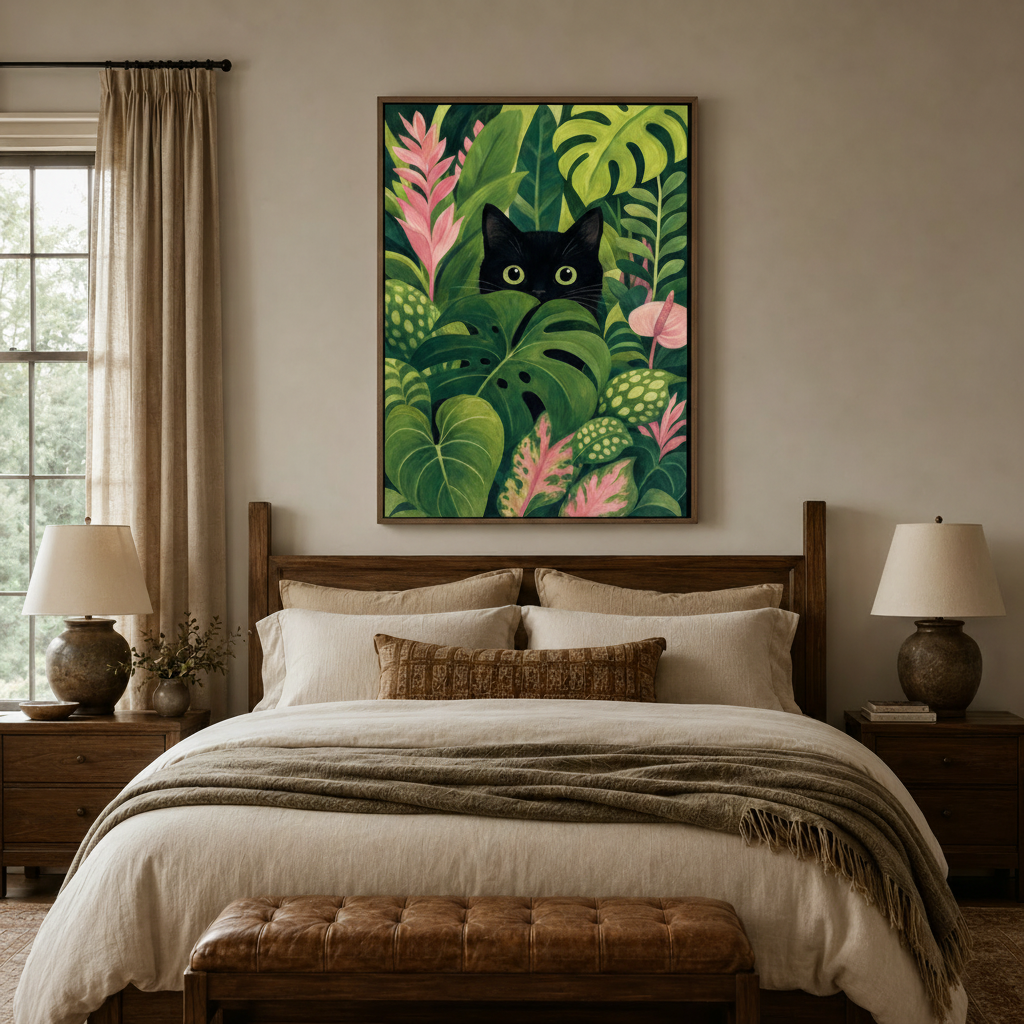 Black cat peeking through tropical jungle foliage bold canvas in walnut float frame above bedroom headboard