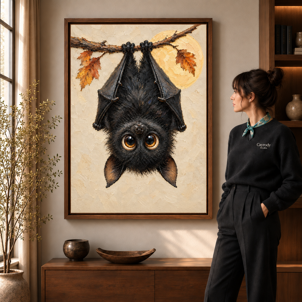 Cute bat Halloween canvas wall art in a walnut frame above a wooden sideboard, admired by a woman