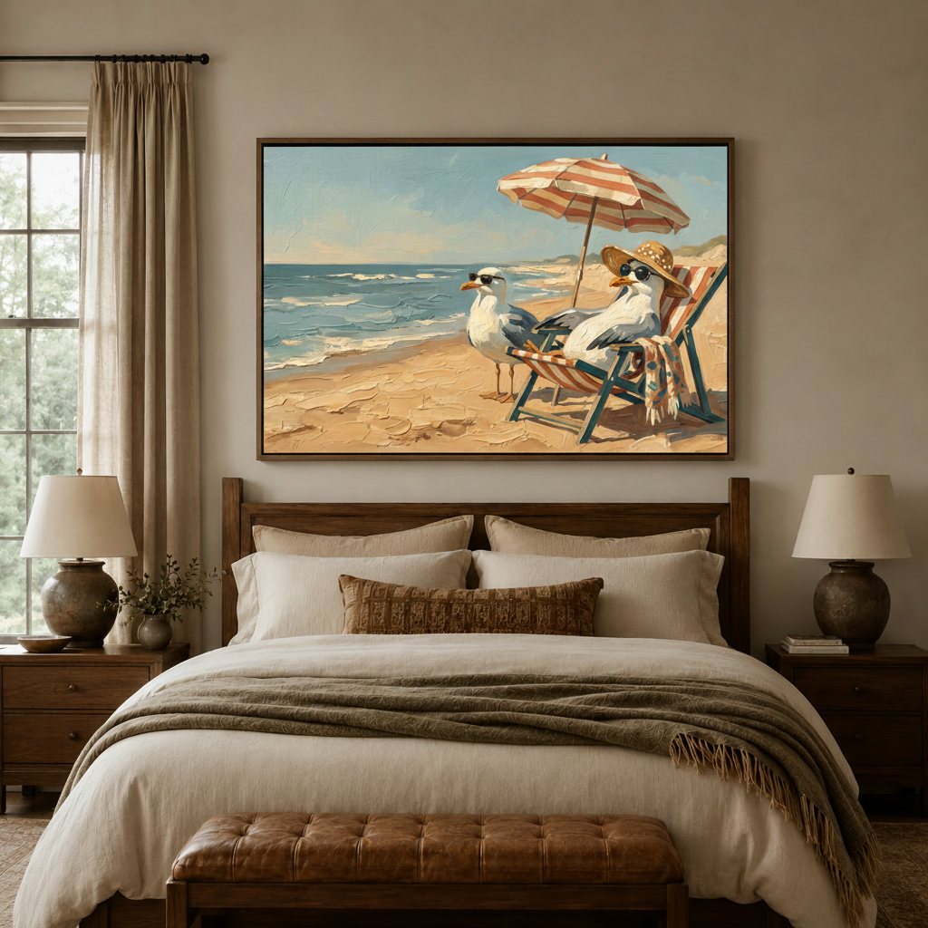 Seagulls beach vacation impasto canvas wall art displayed above warm neutral bedroom headboard dark walnut frame