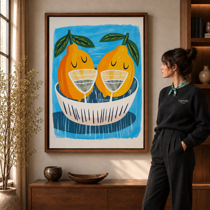 Framed pear cocktail canvas displayed above a walnut console beside a woman.