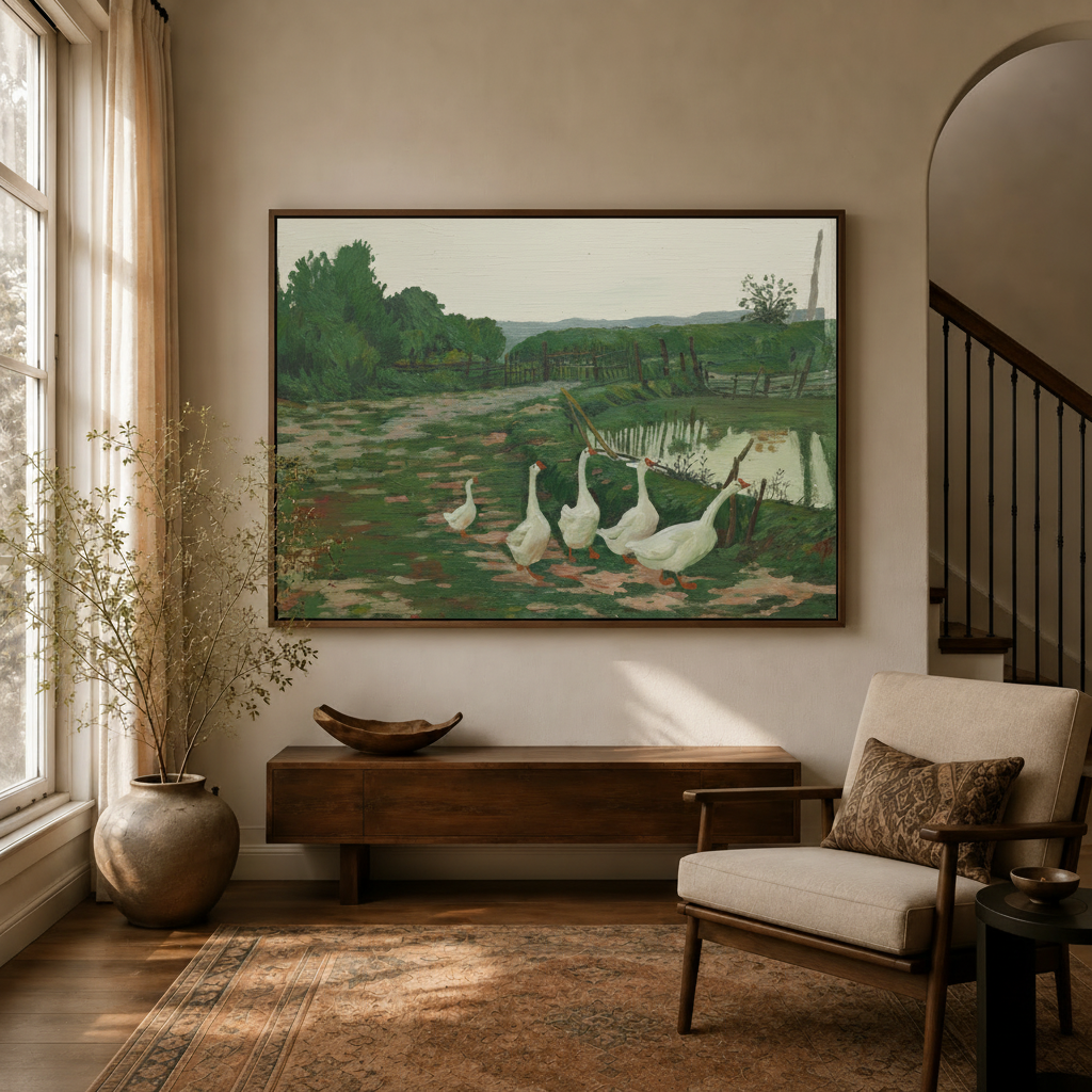 French country geese pastoral canvas wall art displayed above console in warm neutral entryway