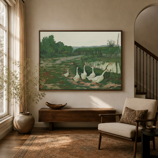 French country geese pastoral canvas wall art displayed above console in warm neutral entryway