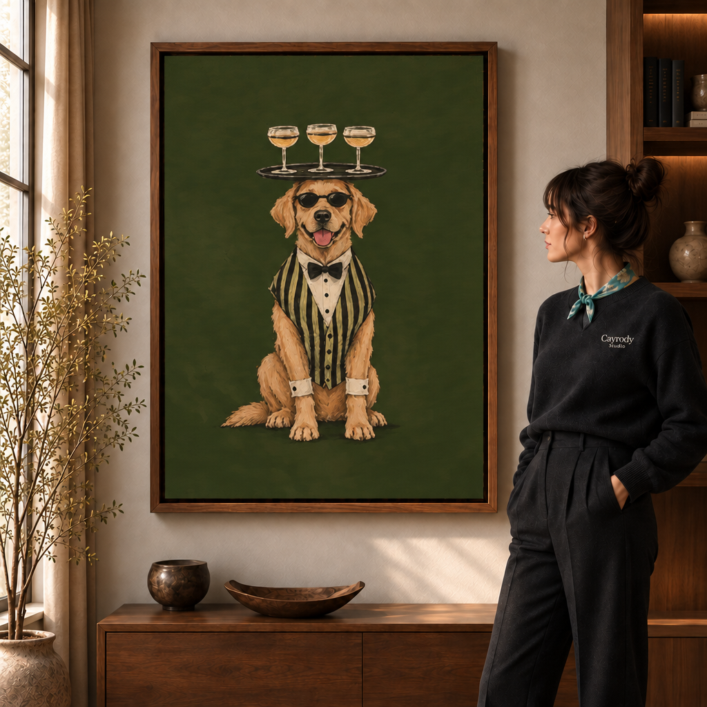 Walnut framed bartender dog canvas above a wood console in a sunlit modern room.