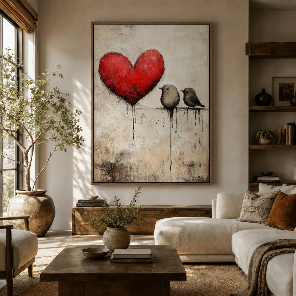  Whimsical love birds and red heart canvas wall art displayed in warm earthy living room