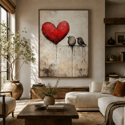  Whimsical love birds and red heart canvas wall art displayed in warm earthy living room