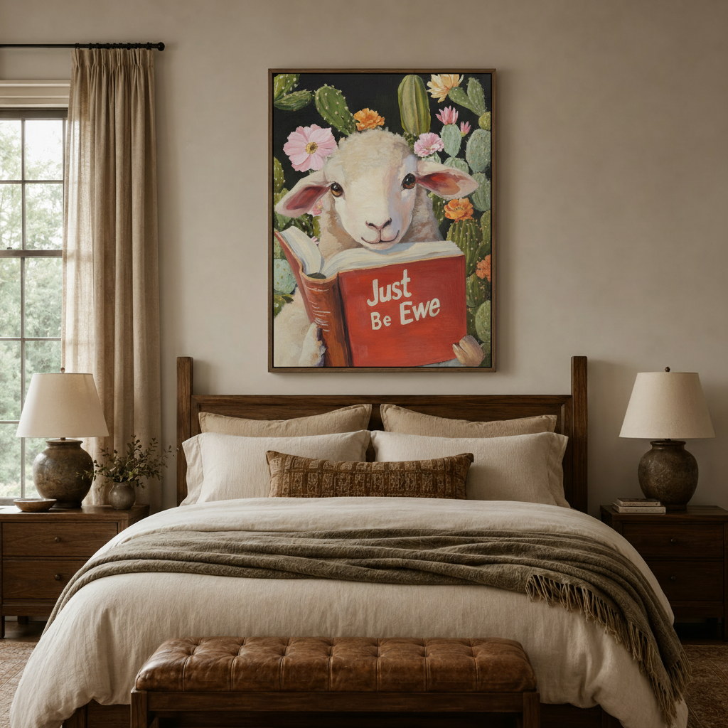 Charming lamb canvas print above bed in bright nursery or reading nook