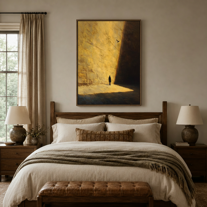 Solitary figure golden cliff impasto canvas hung above walnut bed in warm neutral bedroom