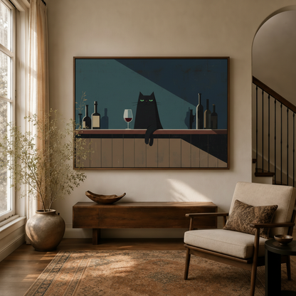  Black cat wine bar minimalist canvas in dark float frame above console in warm modern entryway