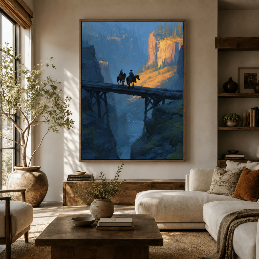 Western canyon cowboys impasto canvas print displayed in warm modern living room above sideboard